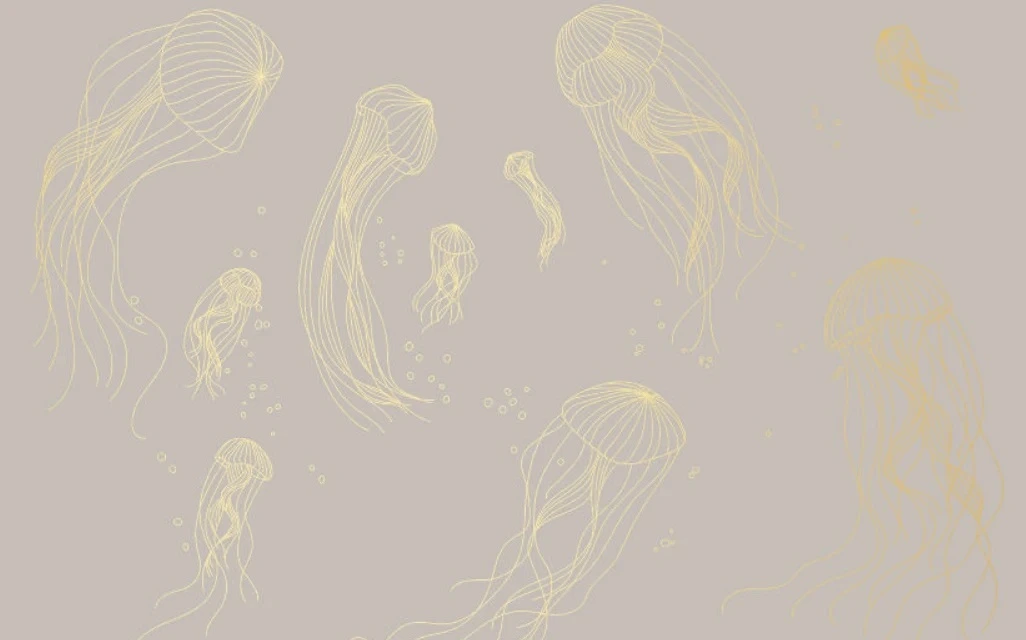 Фотообои и фрески на стену - графика, медузы, золотые линии, с золотом, золотая, серо-бежевая, бежево-серая