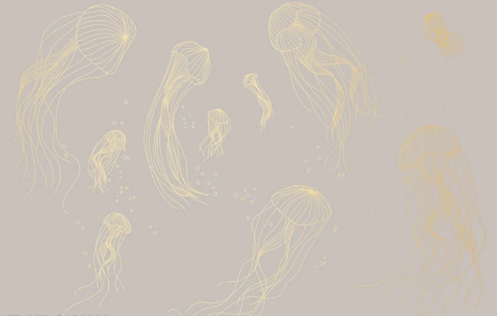 Фотообои на стену - графика, медузы, золотые линии, с золотом, золотая, розовато-бежевая