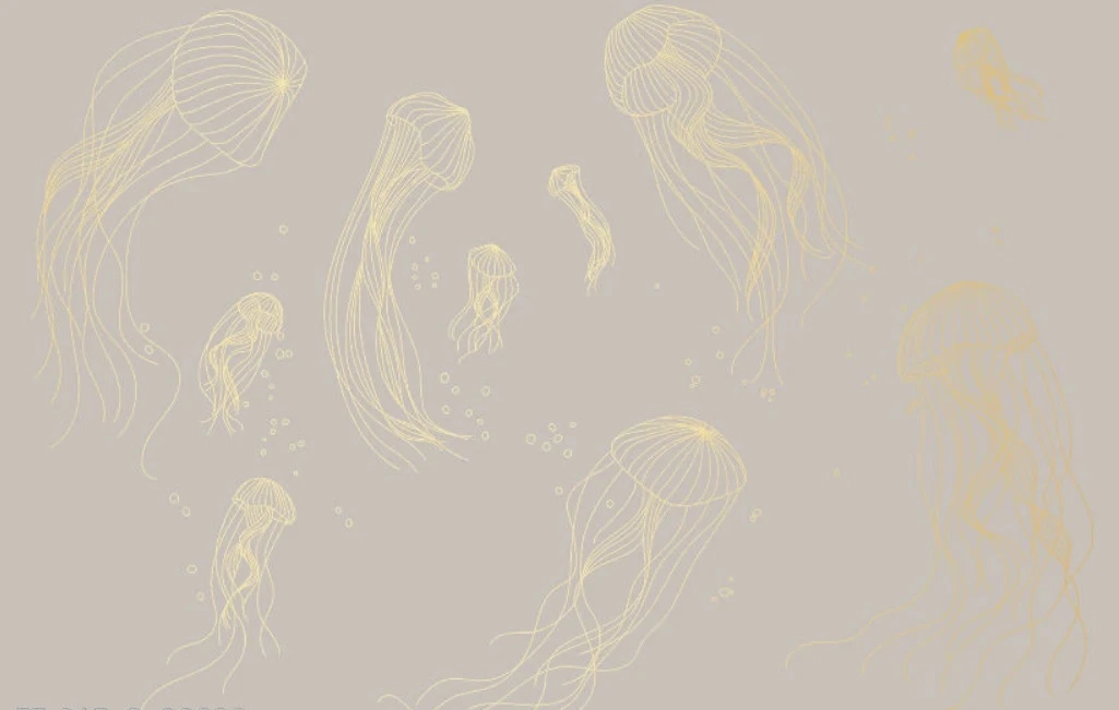 Фотообои и фрески на стену - графика, медузы, золотые линии, с золотом, золотая, розовато-бежевая