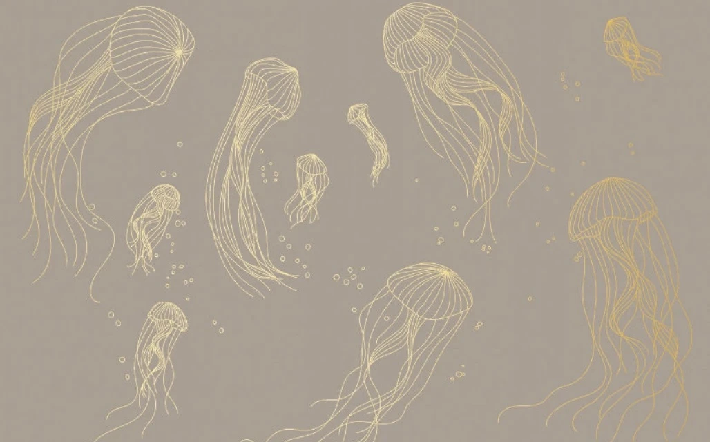 Фотообои и фрески на стену - графика, медузы, золотые линии, с золотом, золотая, кофейная