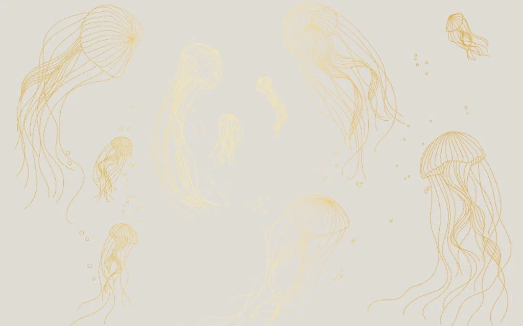 Фотообои и фрески на стену - графика, медузы, золотые линии, с золотом, золотая, бело-серая
