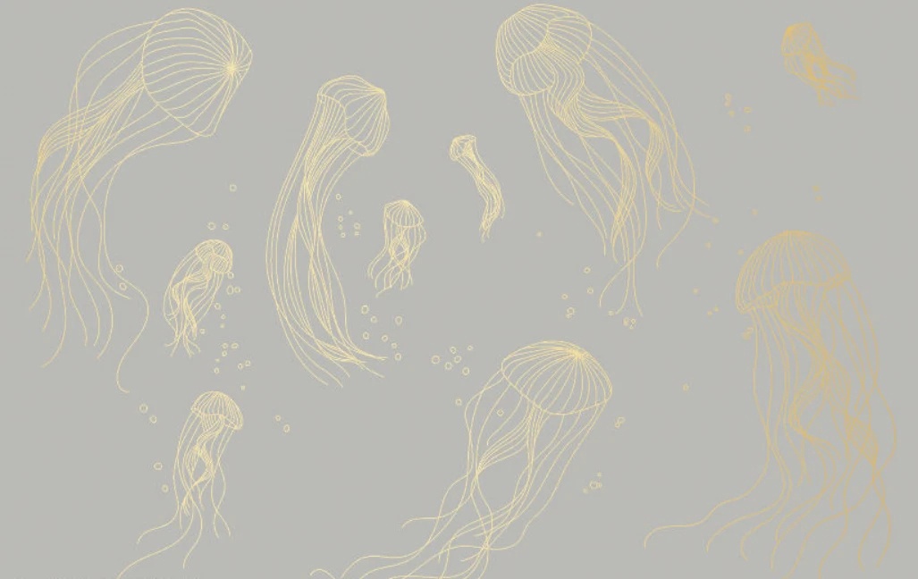 Фотообои на стену - графика, медузы, золотые линии, с золотом, золотая, серая, бежево-серая