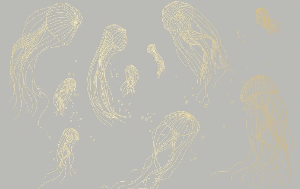 Фотообои и фрески на стену - графика, медузы, золотые линии, с золотом, золотая, серая, бежево-серая