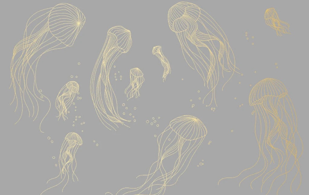 Фотообои и фрески на стену - графика, медузы, золотые линии, с золотом, золотая, темно серая