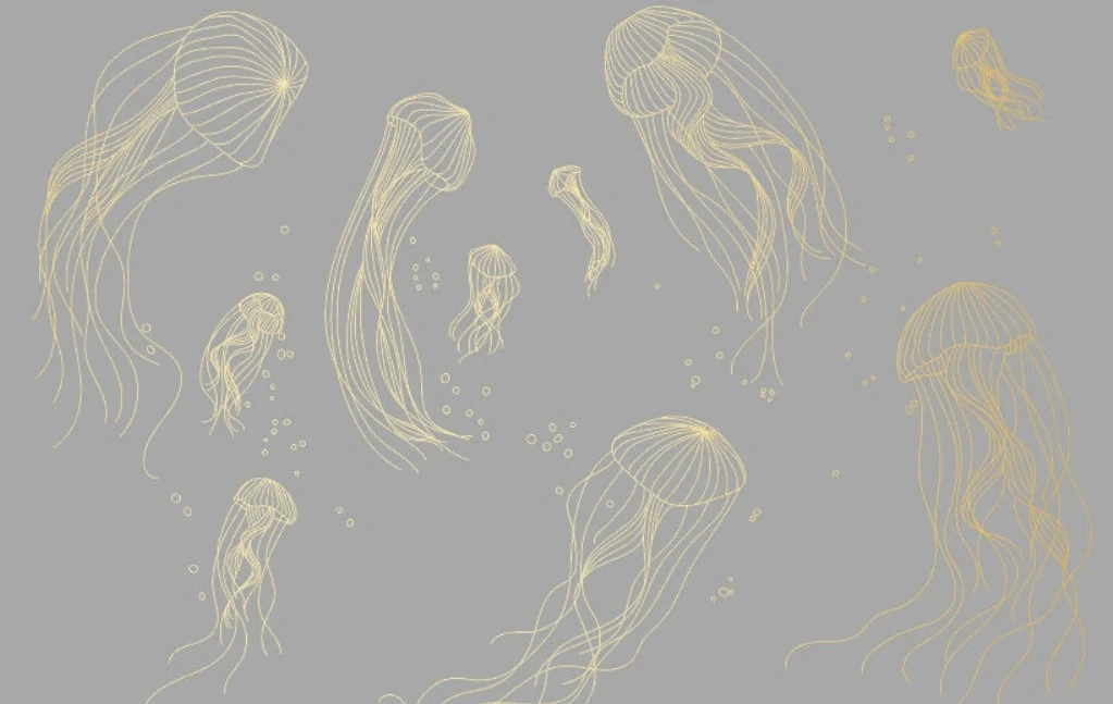 Фотообои и фрески на стену - графика, медузы, золотые линии, с золотом, золотая, темно серая