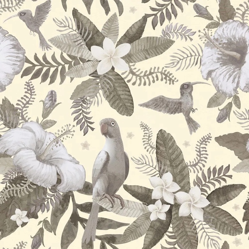 Фотообои на стену - цветы, птица, попугай, белые, светло зеленая, на желтом фоне, листья тропические