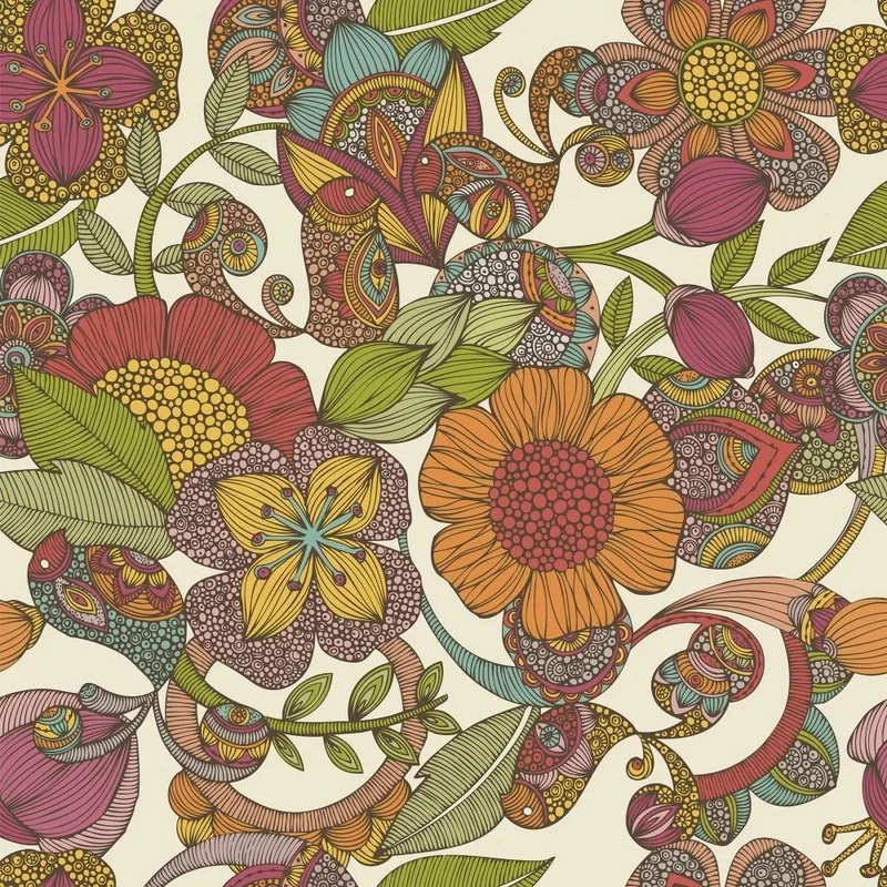 Фотообои на стену - в загородный дом, узор, цветы, на кремовом фоне