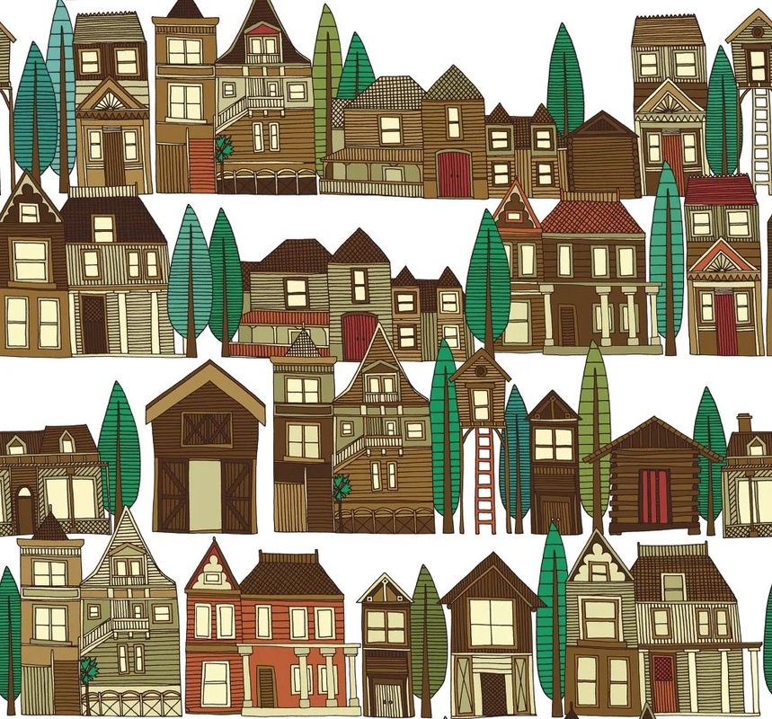 Фотообои на стену - в детскую комнату, домики, на белом фоне, коричневая, коричнево-зеленая