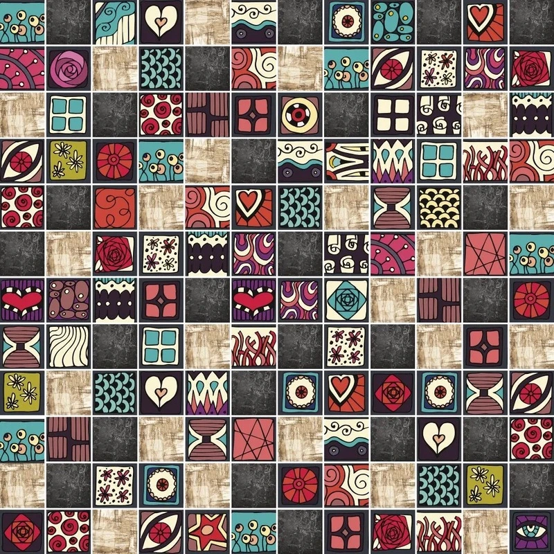 Фотообои на стену - в загородный дом, узор, мозаика, бирюзово-красная