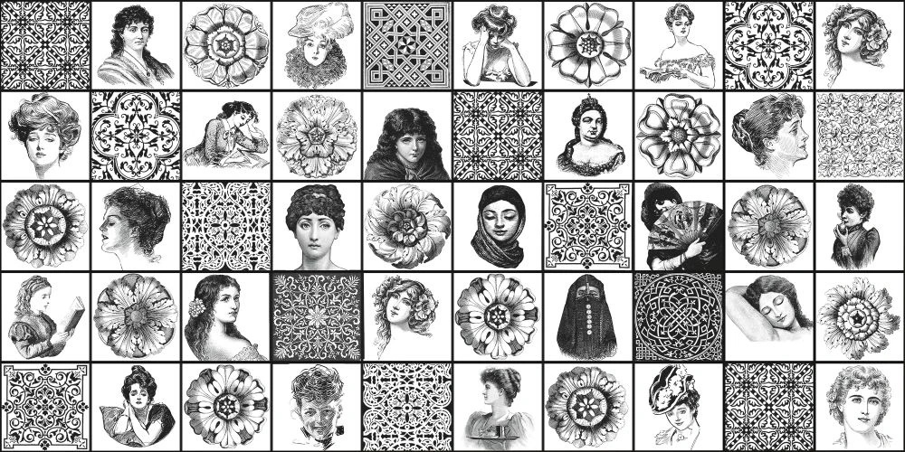 Фотообои и фрески на стену - в детскую комнату, узоры, лица девушек, черно-белые