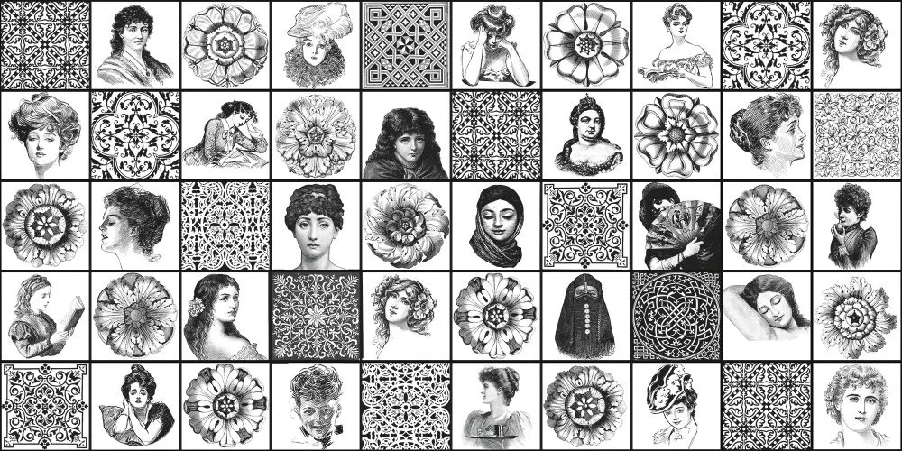 Фотообои и фрески на стену - в детскую комнату, узоры, лица девушек, черно-белые
