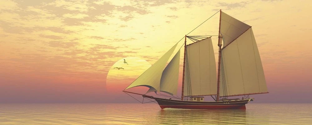 Фотообои на стену - в детскую комнату, парусник, закат