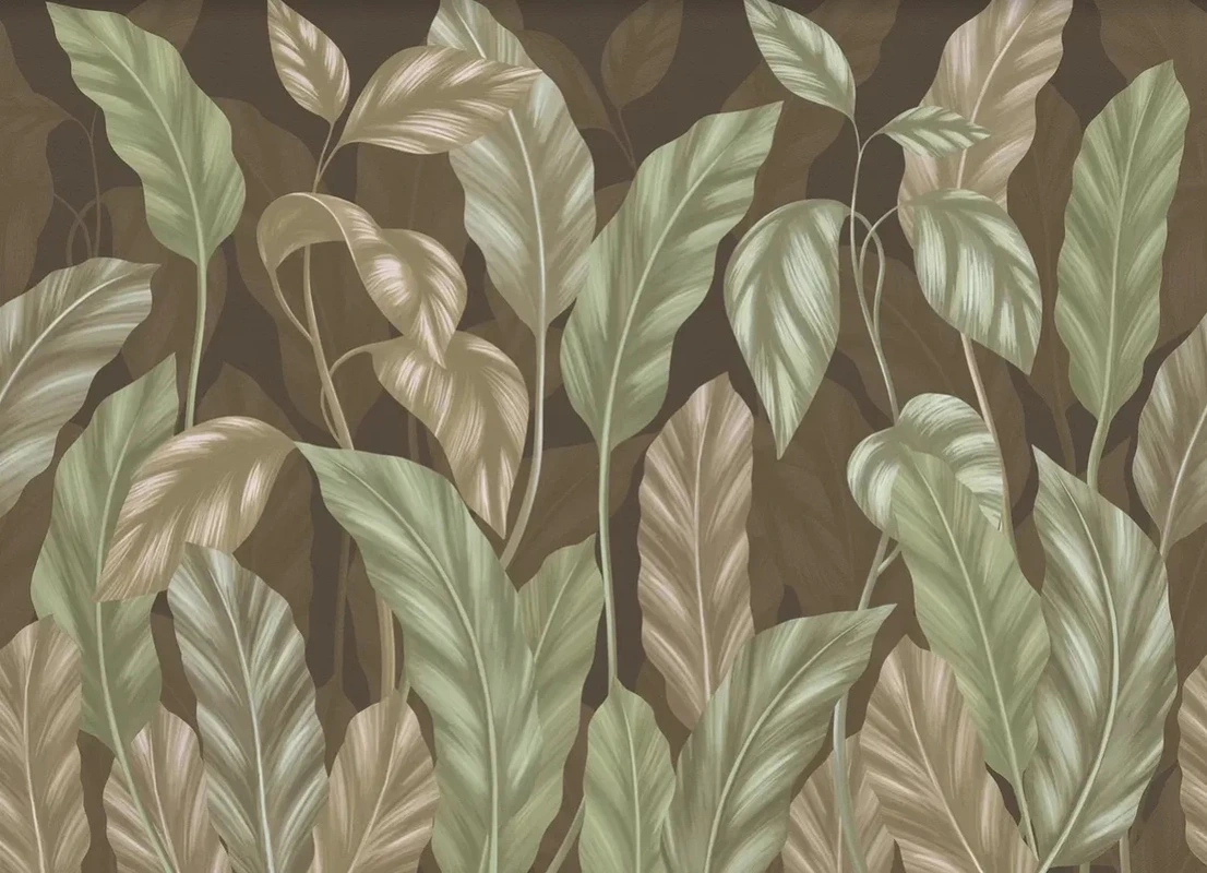 Фотообои на стену - в загородный дом, листья тропические, зеленые, на темном фоне