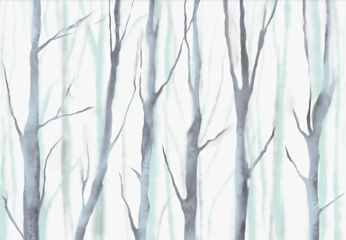 Фотообои и фрески на стену - в  загородный дом, деревья, стволы, на белом фоне, серая