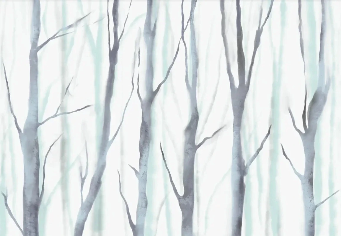 Фотообои и фрески на стену - в  загородный дом, деревья, стволы, на белом фоне, серая