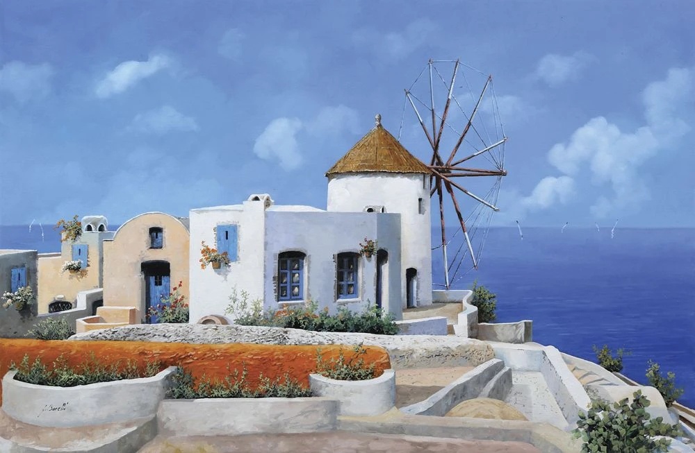 Фотообои и фрески на стену - пейзаж, морской, синий, мельница