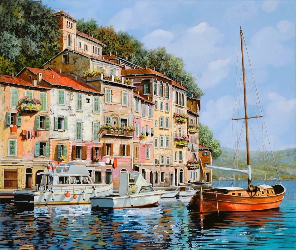 Фотообои на стену - пейзаж, морской, море, красная лодка, город