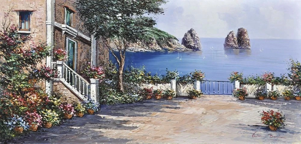 Фотообои и фрески на стену - пейзаж, морской, море, дворик с цветами