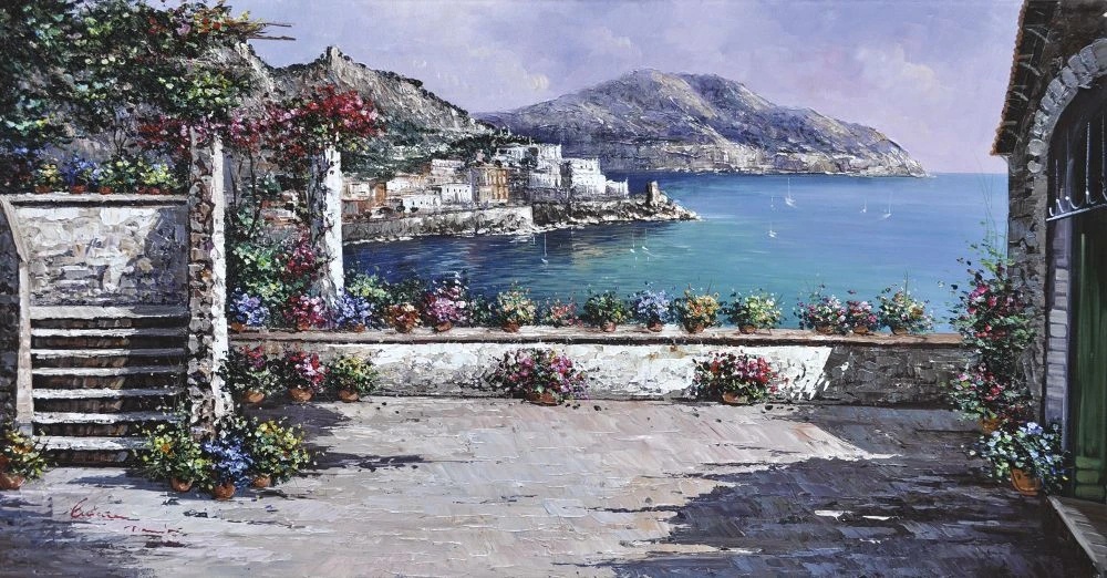 Фотообои на стену - пейзаж, морской, море, терраса, с цветами