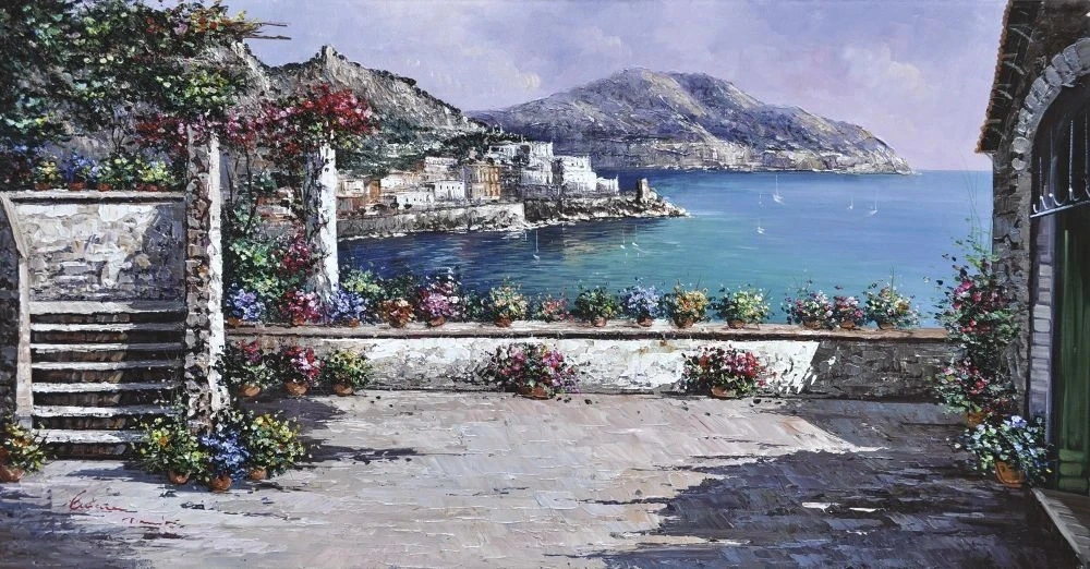 Фотообои и фрески на стену - пейзаж, морской, море, терраса, с цветами