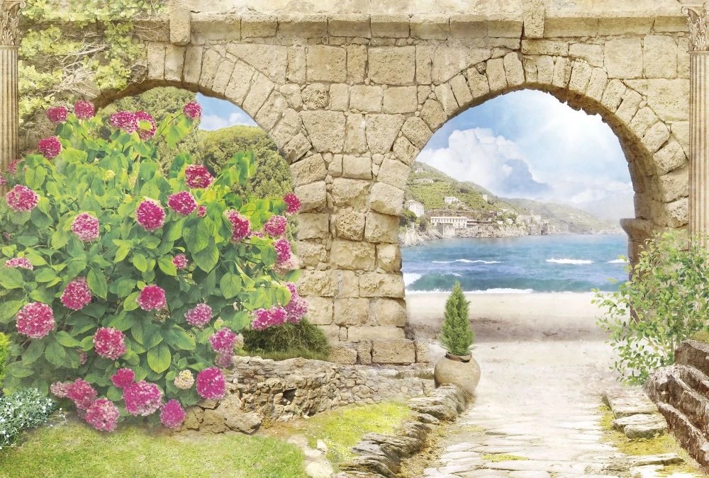 Фотообои на стену - пейзаж, море, цветы, арка