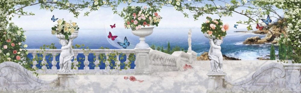 Фотообои на стену - пейзаж, море, терраса, лестница, белые, с цветами