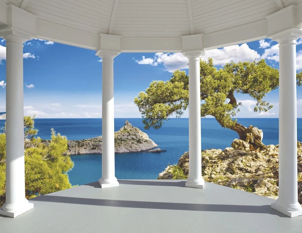 Фотообои на стену - пейзаж, морской, море, терраса, остров, дерево, японские