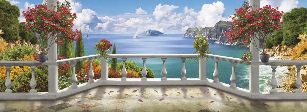 Фотообои на стену - пейзаж, морской, море, небо, терраса, горы, с цветами, красно-желтая