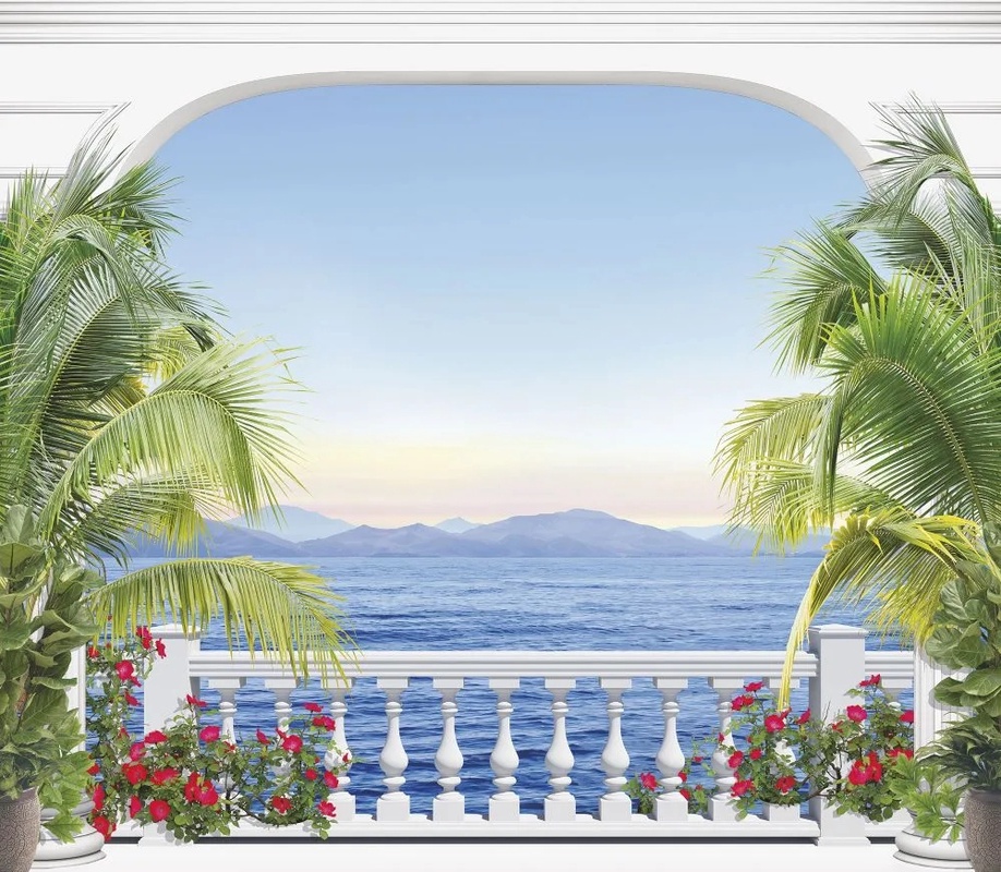 Фотообои и фрески на стену - пейзаж, морской, море, терраса, арка, пальмы, закат