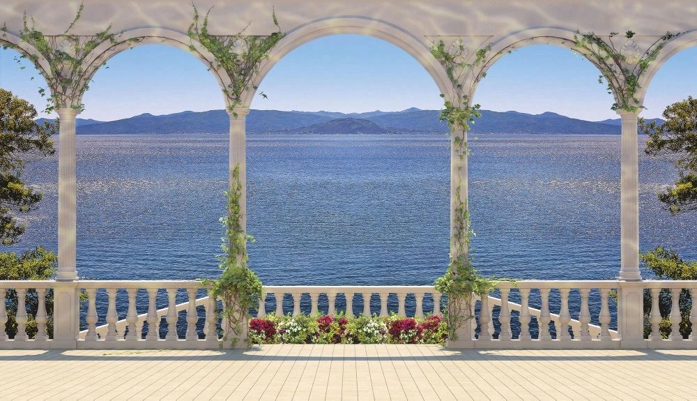 Фотообои и фрески на стену - пейзаж, морской, море, терраса, колонны, синий