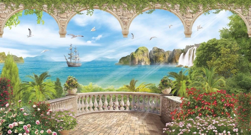 Фотообои и фрески на стену - пейзаж, морской, море, терраса, зеленая, бирюзовая