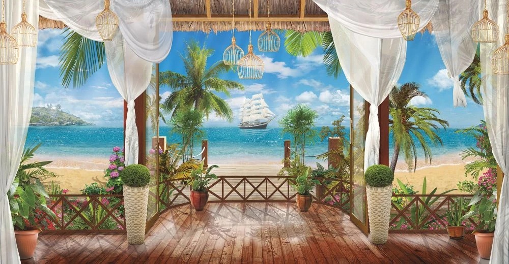 Фотообои и фрески на стену - пейзаж, морской, море, терраса, пальмы, ткани