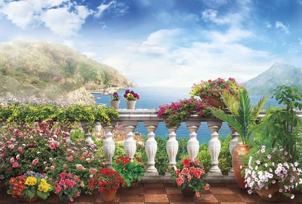 Фотообои на стену - пейзаж, море, перила, цветы