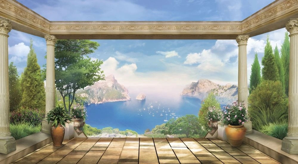 Фотообои и фрески на стену - пейзаж, море, терраса, горы, вазоны