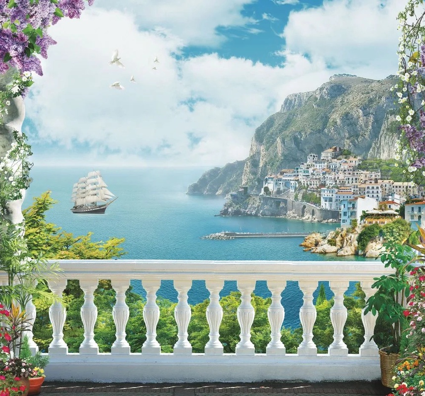 Фотообои на стену - пейзаж, море, терраса, скалы, парусник