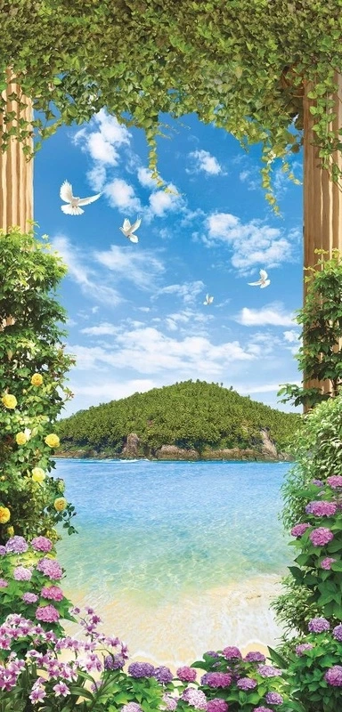 Фотообои на стену - пейзаж, морской, море, арка, цветы, яркие, остров