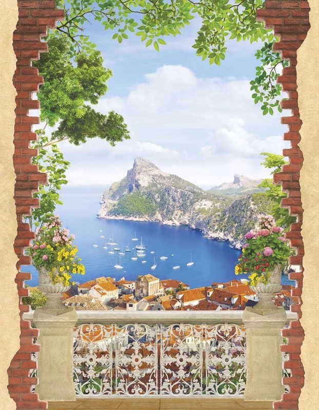 Фотообои на стену - пейзаж, морской, море, горы, лодки, кирпичная стена