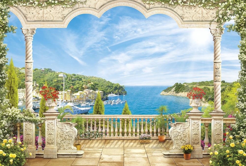 Фотообои на стену - пейзаж, морской, море, небо синее, терраса, причал, цветы