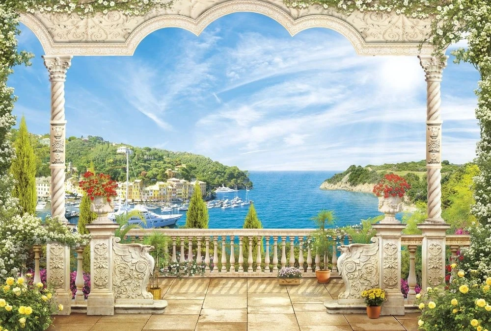 Фотообои и фрески на стену - пейзаж, морской, море, небо синее, терраса, причал, цветы