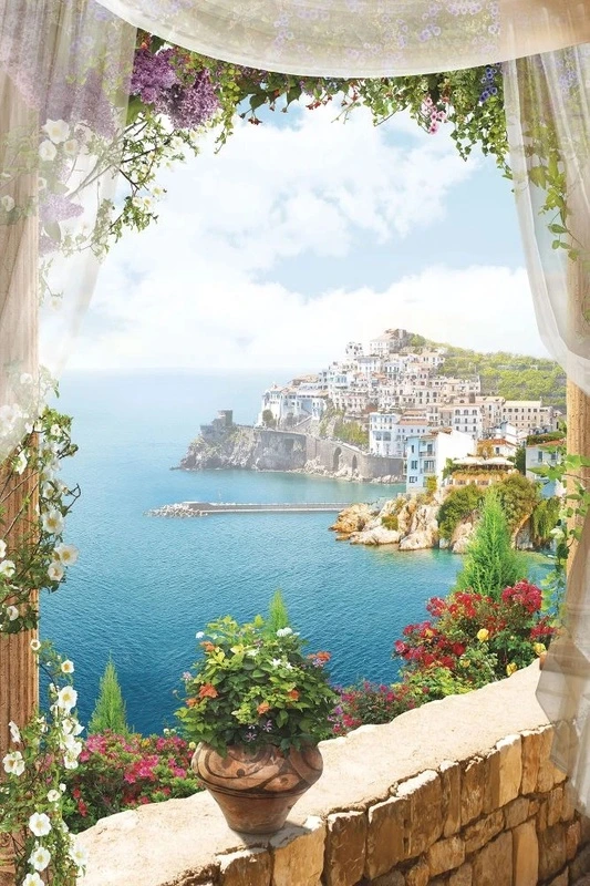 Фотообои и фрески на стену - пейзаж, морской, море, набережная, вазоны с цветами