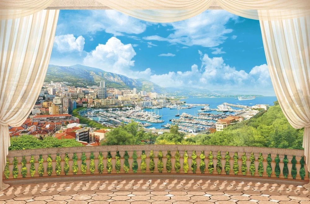 Фотообои на стену - пейзаж, морской, море, терраса, шторы, залив, яхты