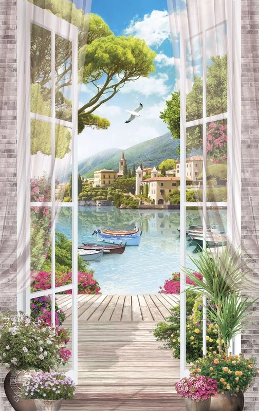 Фотообои на стену - пейзаж, окно, морской, море, цветы