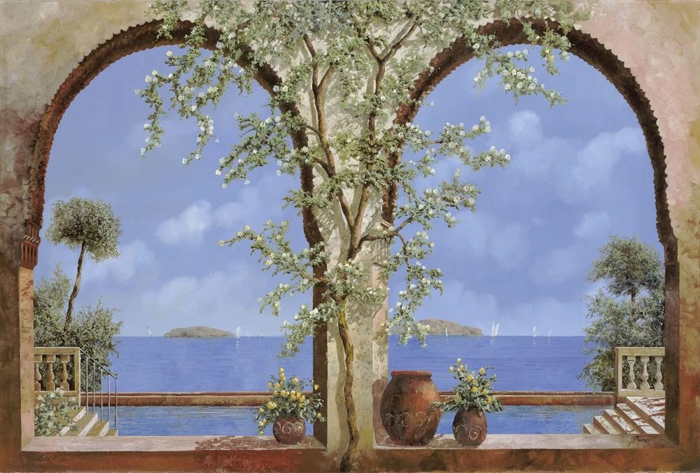 Фотообои на стену - пейзаж, морской, море, арка, синий, коричневая, дерево