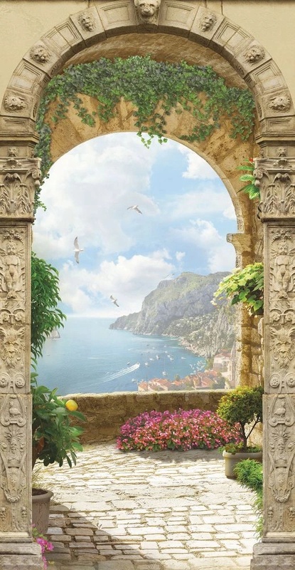 Фотообои и фрески на стену - пейзаж, морской, море, арка, горы, песочная