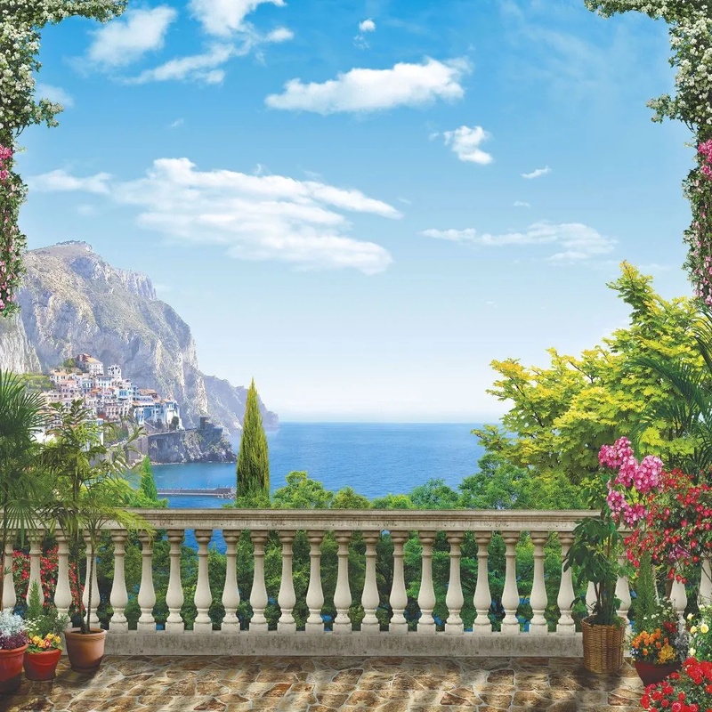 Фотообои и фрески на стену - пейзаж, морской, море, терраса, небо голубое, горы