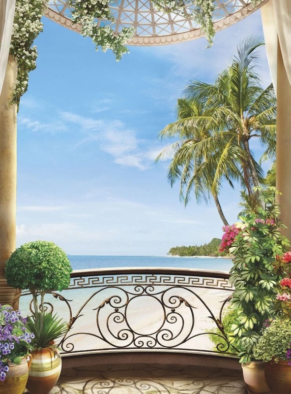 Фотообои и фрески на стену - пейзаж, морской, море, терраса, пальма, небо голубое, кованые перила