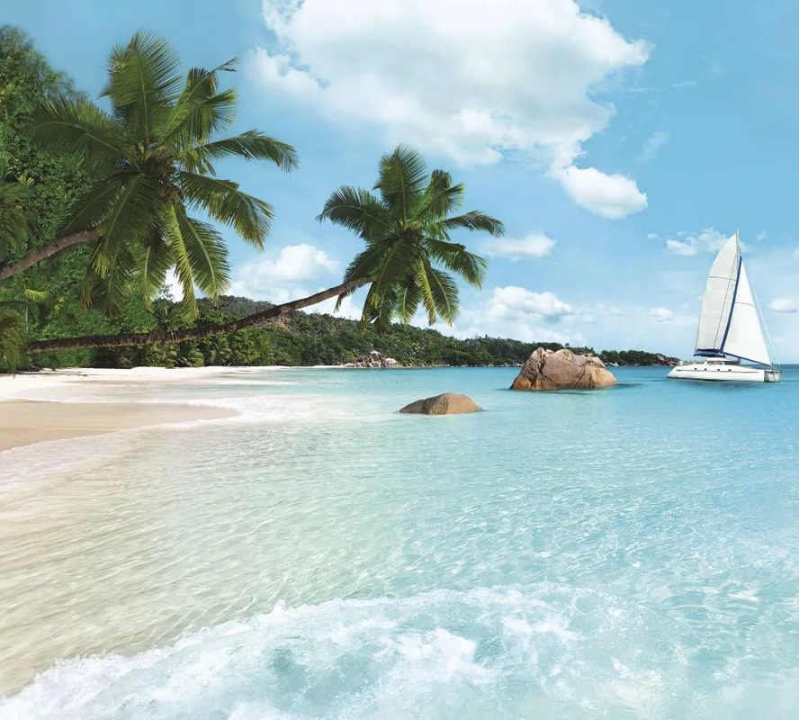 Фотообои и фрески на стену - пейзаж, морской, море, песчаный берег, пальмы, парусник