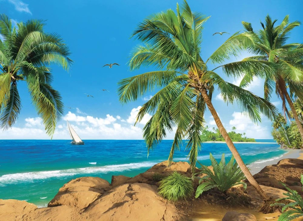 Фотообои на стену - пейзаж, морской, море, пальмы, синий