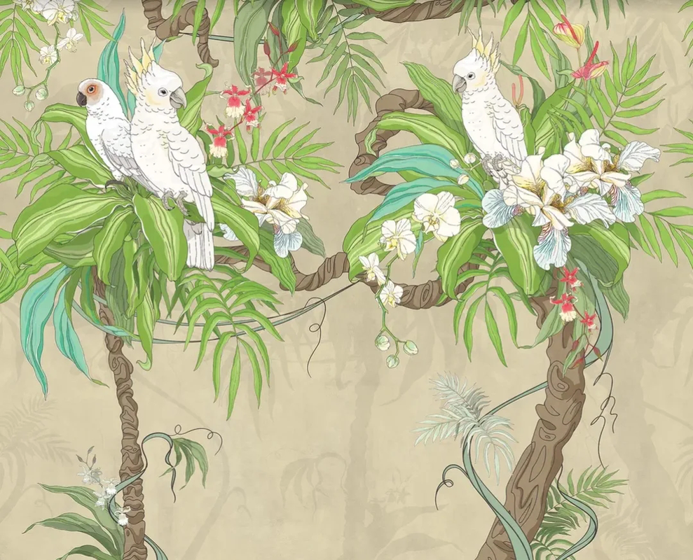 Фотообои и фрески на стену - в детскую комнату, попугаи, белые, зеленая