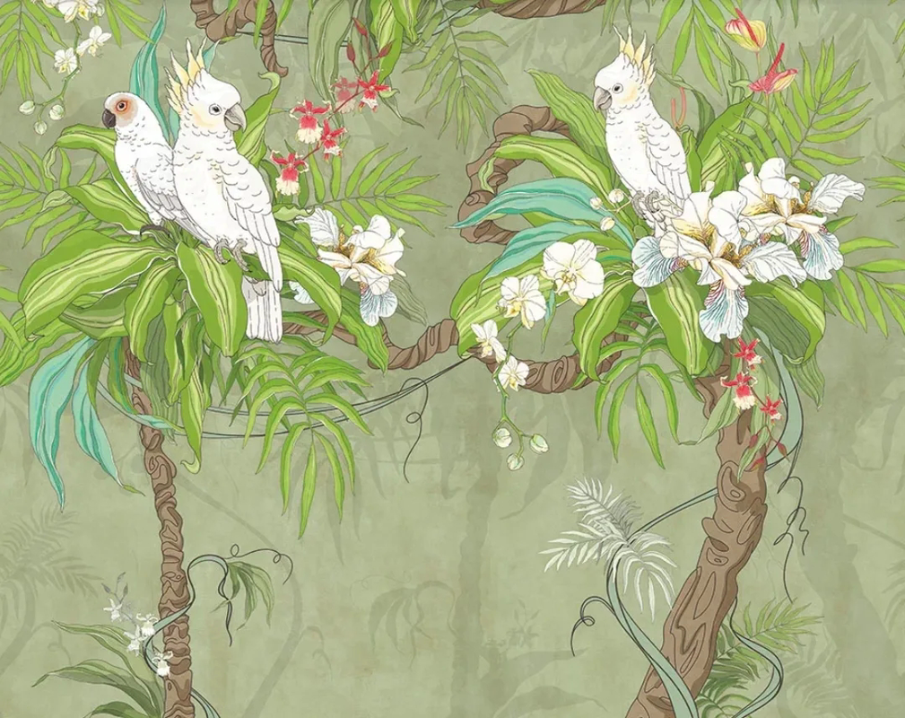 Фотообои на стену - в детскую комнату, попугаи, белые, ярко зеленая